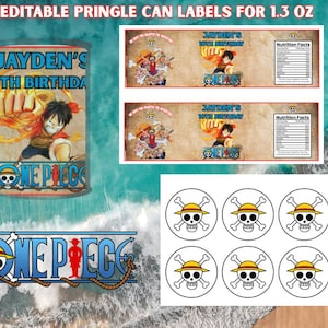 Może przedstawiać: Edytowalne etykiety na puszki Pringles o wadze 37g. Projekt przedstawia postać z kreskówki z tekstem "JAYDEN'S 10TH BIRTHDAY" i marką "ONE PIECE". Zawiera okrągłe naklejki z motywem czaszki i skrzyżowanych kości.