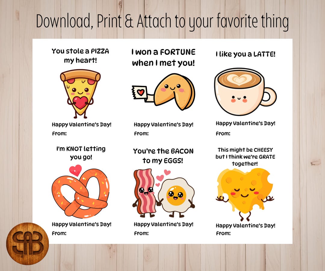 Food Valentine Cards for Kids, Printable Classroom Valentines (instant ...