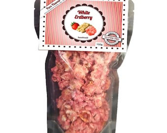 Niemiecki biały czekoladowy popcorn truskawkowy gourmet / ręcznie robiony / Niemiecki biały czekoladowy popcorn truskawkowy / ręcznie robiony / 100% naturalny