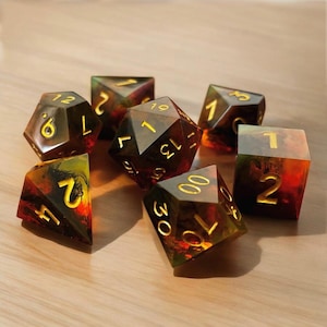 Dice Set Handmade Sharp Edge Polyhedral RPG Brown and Red Resin Dice | Unique TTRPG Gift for Roleplaying