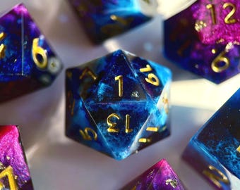 Purple Blue Sharp Edge Resin Dice Set – Dungeons and Dragons Polyhedral RPG Dice