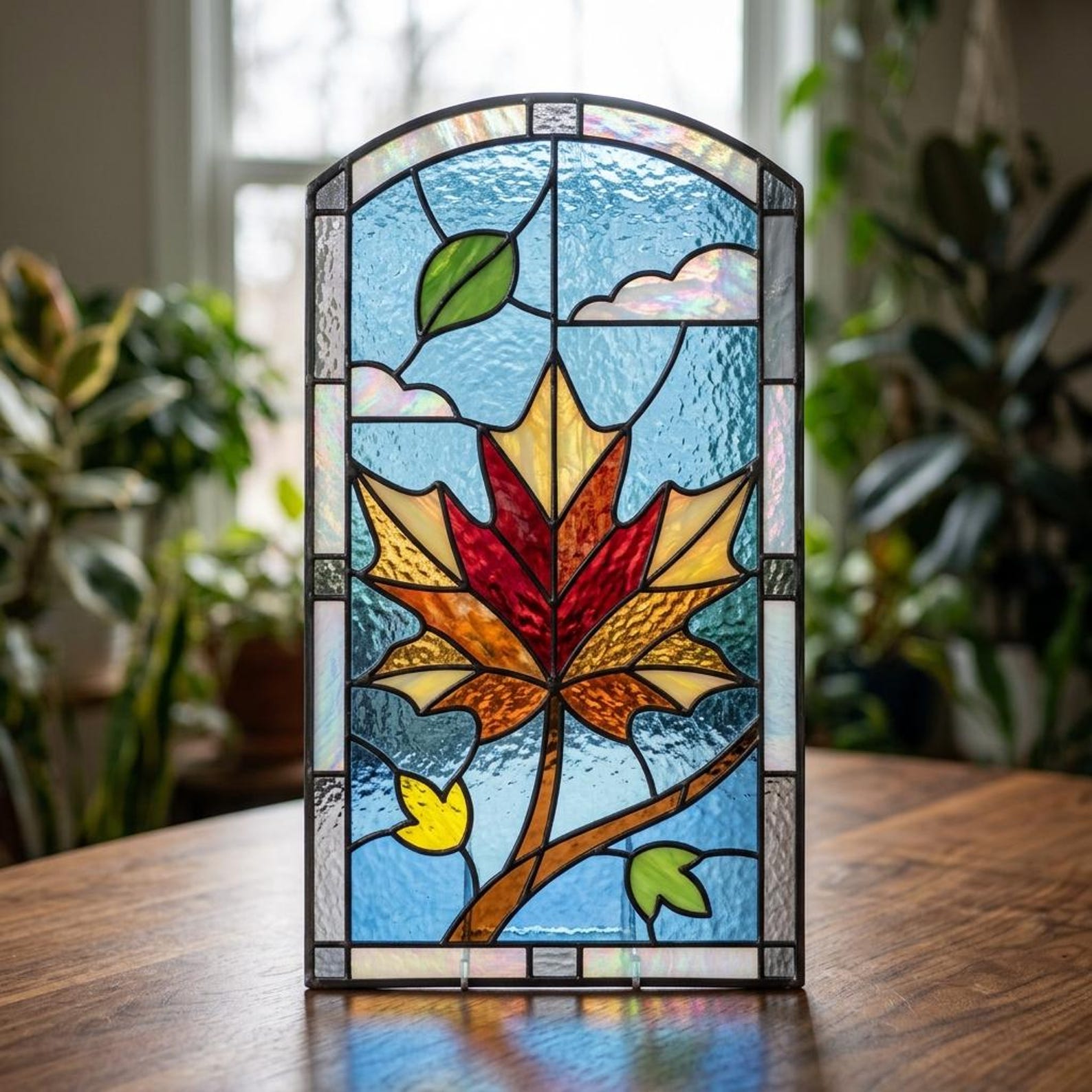 Window Arch France Maple Leaf Stained Glass Pattern, Autumn Window Panel PDF & PNG, Arched ...