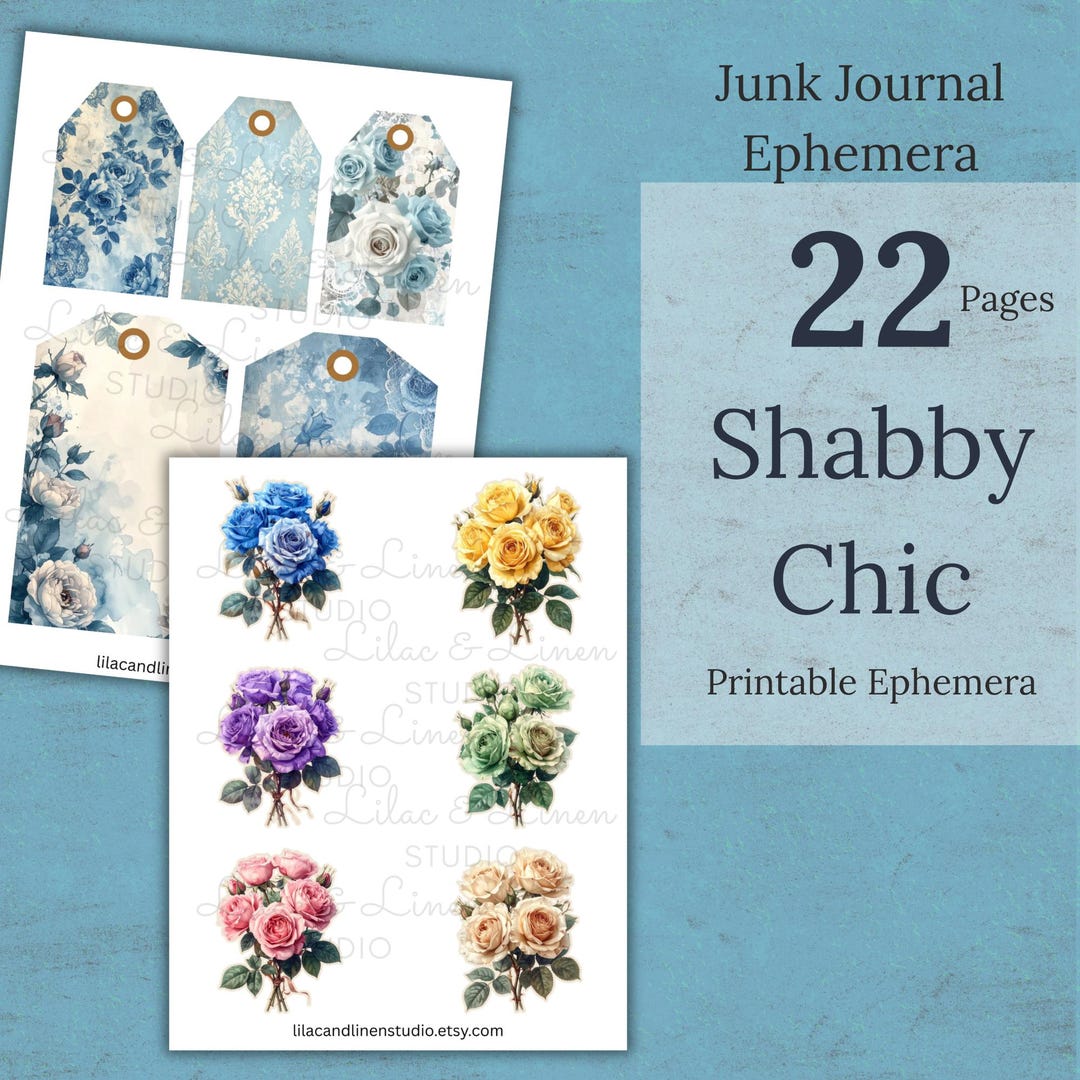 Shabby Roses Junk Journal Ephemera Kit – 22 Printable Vintage Rose Tags ...