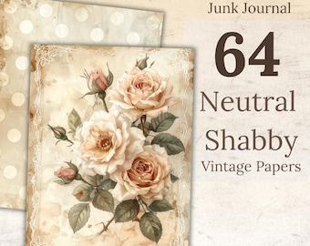 Shabby Rose Junk Journal Papers: Vintage Neutral Floral Digital Kit (64 Pages)