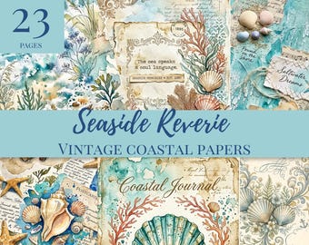 Vintage Coastal Junk Journal Kit – Shabby Chic Beach Papers, Seashell Ephemera (23 Pages)
