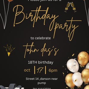 Carte d'invitation pour 18 ans, invitation à une fête d'anniversaire de dix-huit ans, invitation à téléchargement immédiat, invitation à une fête d'anniversaire, toile modifiable