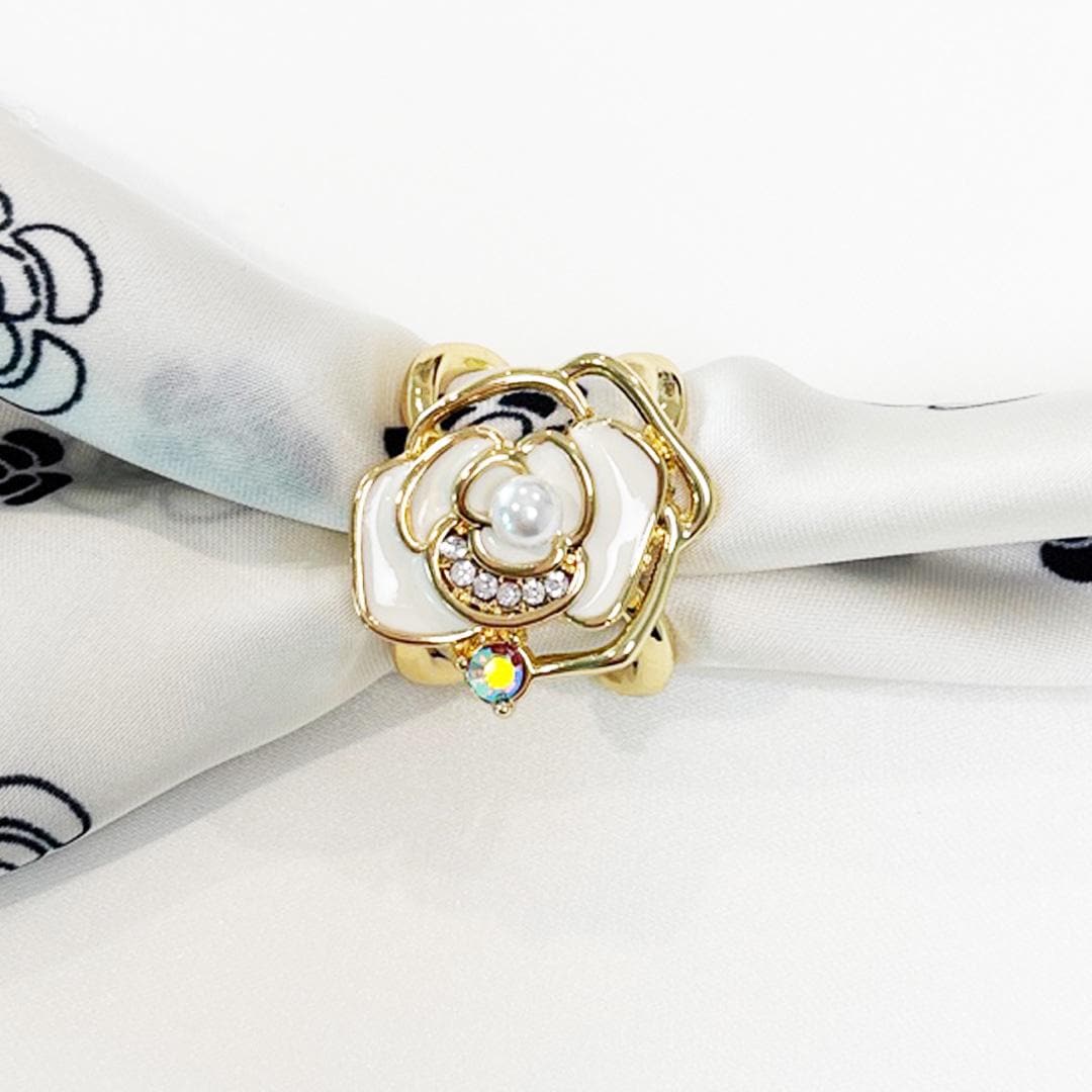 Gold Rhinestone Camellia Scarf Ring: White Enamel Flower, Pearl Accent