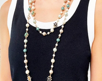 Long Green Pearl Beaded Necklace with Floral Charms - Vintage Style Statement Jewelry