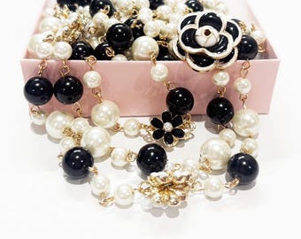 Long Layered Pearl Beaded Camellia Flower Necklace - Black & White Elegant Double Strand Jewelry