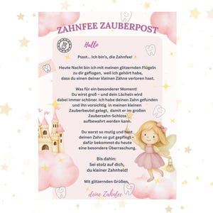 May include: A pink and white illustrated card with the text "ZAHNFEE ZAUBERPOST" and a message from the Tooth Fairy. The card features a cartoon fairy, a castle, and tooth illustrations.