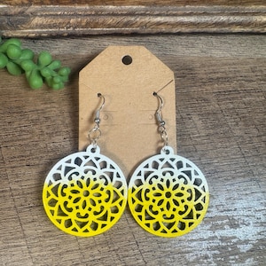 Handmade Yellow Mandala Earrings Wooden Dangle Earrings Boho Style Lightweight