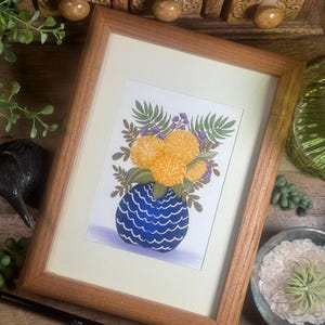 Stampa artistica di fiori gialli, opera d'arte incorniciata, arte di bouquet di fiori, arte di vasi di fiori, arte hippie chic, arte di JJ