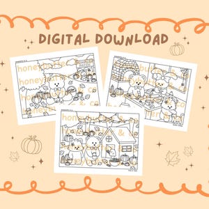 May include: Three black and white coloring pages featuring cartoon animals in autumn settings. The top text reads DIGITAL DOWNLOAD. The scenes include bears in a pumpkin patch, baking cookies in a kitchen, and trick-or-treating by a small house.