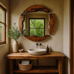 Large Rustic Wood Mirror Handmade Round Wall Mirror for Living Room Bedroom Boho Natural Home Decor Unique Gift