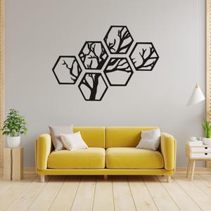 Pannello decorativo da parete in metallo con albero esagonale, moderno, ispirato alla natura, con silhouette geometrica della foresta, per soggiorno, camera da letto, ufficio