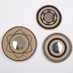 Natural Seagrass Mirror Set Handmade Wall Decor with Wood Beads Bohemian Rustic Coastal Style Home Decoration 3 Piece
