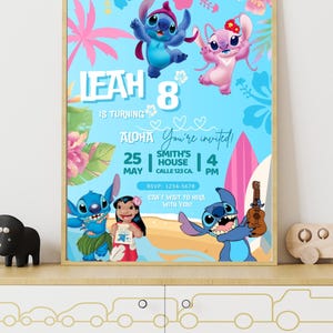 Convite de aniversário de Lilo e Stitch – Modelo editável do Canva – Convite para festa Luau havaiana – Download instantâneo