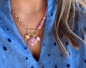 Gold Filled Carabiner Charm Necklace with Pink Rondelle Beads