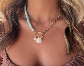 Gold Filled Carabiner Charm Necklace with Blue Rondelle Beads