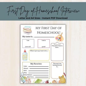 Puede incluir: Un cuestionario imprimible titulado My First Day of Homeschool con ilustraciones en acuarela de libros, una paleta de pintura, pegamento, un globo terráqueo y una mochila. El formulario incluye líneas y casillas para completar nombre, edad, grado, metas y favoritos.