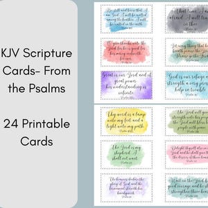 Cartões de versículos bíblicos dos Salmos - 24 cartões de escrituras KJV para impressão - Tema aquarela - Download em PDF