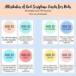 May include: Printable scripture cards for kids, featuring attributes of God. Each card has a colorful circle with a word like "Able" or "Faithful" and a related Bible verse. The cards are designed for printing, cutting, and laminating.