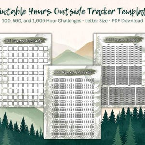 Può includere: Modelli stampabili di monitoraggio delle ore all'aperto per sfide da 100, 500 e 1.000 ore. I modelli sono in formato lettera e disponibili come download PDF. Design con sfondo di foresta ad acquerello.