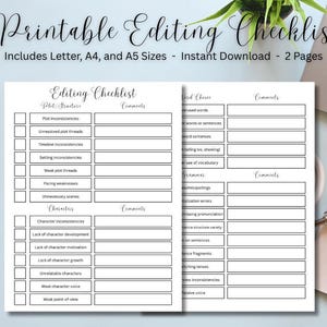 Printable Editing Checklist for Writers- Novel Editing Planner For Authors- Letter, A4, and A5- Writing Printables- Instant PDF Download