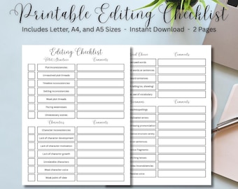 Printable Editing Checklist for Writers (PDF Download, Letter/A4/A5 Sizes)