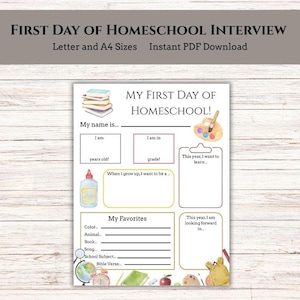 Printable First Day of Homeschool Interview- Letter and A4 Sizes- First Day of Homeschool Worksheet- Watercolor Design- Instant PDF Download