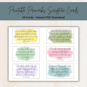 May include: A set of six rectangular scripture cards with dotted borders, each featuring a unique watercolor background in yellow, green, pink, or purple. The cards display black cursive text with Bible verses from Proverbs and citations.