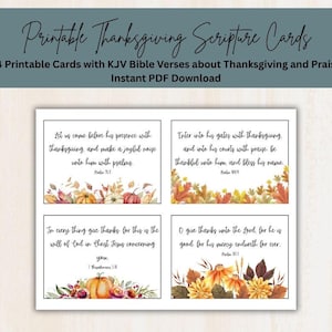 May include: A set of four printable cards featuring KJV Bible verses about thanksgiving and praise. Each card includes black text on a white background with watercolor illustrations of autumn leaves, pumpkins, and flowers at the bottom border.