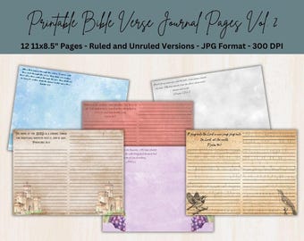 May include: A collection of printable Bible verse journal pages featuring 12 sheets in 11x8.5 inch size. The designs include ruled and unruled layouts with various watercolor backgrounds, vintage paper textures, castle illustrations, and grapes.