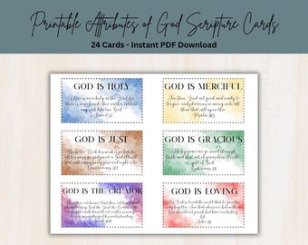 Może przedstawiać: Zestaw kart z pismem świętym do druku zatytułowany Printable Attributes of God Scripture Cards 24 Cards - Instant PDF Download. Karty posiadają akwarelowe tła w kolorach niebieskim, żółtym, brązowym, zielonym, fioletowym i czerwonym z czarnym tekstem.