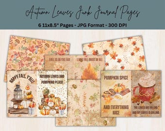 Autumn Leaves Junk Journal Pages: Fall Digital Papers (PDF Download, Set of 6)