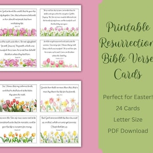 Puede incluir: Tarjetas imprimibles de versículos bíblicos de la Resurrección con ilustraciones florales. Cada tarjeta presenta un versículo bíblico y un borde floral. Las tarjetas son perfectas para la Pascua y están disponibles como descarga PDF.