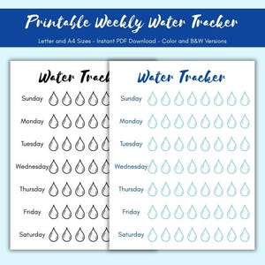 Op de afbeelding: Twee afdrukbare wekelijkse watertrackers, één in zwart-wit en de andere in blauw. Elke tracker heeft een koptekst met "Water Tracker" en bevat de dagen van de week met waterdruppeliconen om de waterinname bij te houden.