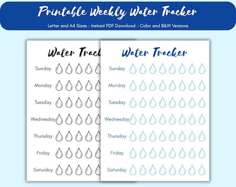 May include: Two printable weekly water trackers, one in black and white and the other in blue. Each tracker has a header that says "Water Tracker" and includes the days of the week with water drop icons to track water intake.