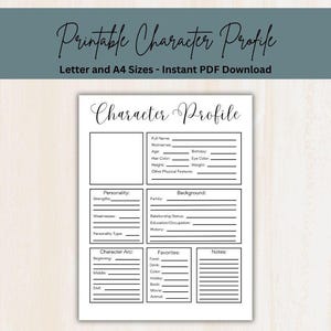 May include: A printable character profile template on a white sheet with black text and lines. The document includes sections for name, physical traits, personality, background, character arc, favourites, and notes, with a large square for an image.