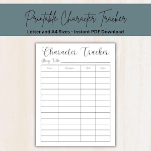 May include: A white printable character tracker sheet with black text and grid lines. The header reads Character Tracker, followed by a line for Story Title. The grid contains columns labeled Name, Description, Role, and Notes for organizing.