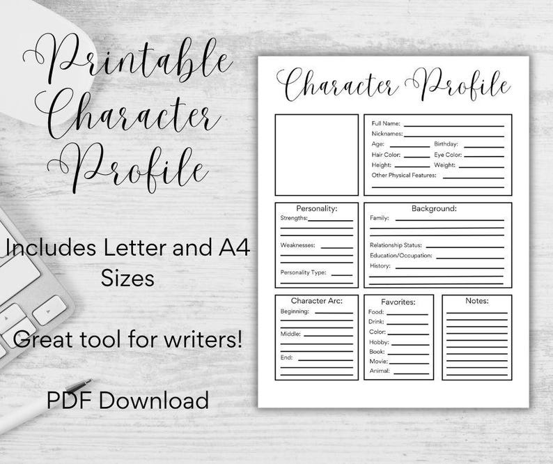 May include: A printable character profile sheet with sections for full name, age, and other details. Includes sections for personality, background, character arc, and favorites. The text "Printable Character Profile" is at the top.