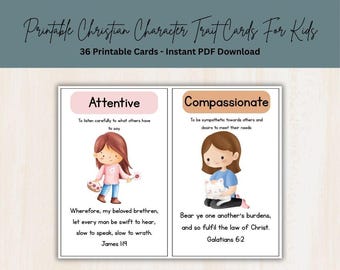 Printable Christian Character Trait Cards for Kids: KJV Scripture (PDF Download, 36 Cards)