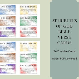 May include: A set of 24 printable Bible verse cards with watercolor backgrounds. Each card features a different attribute of God, such as "Holy" or "Loving," with corresponding scripture. The cards are arranged in a grid, with the title "Attributes of God Bible Verse Cards" on the right.