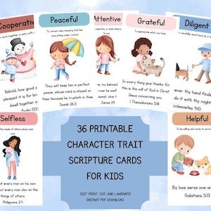 Cartes imprimables de traits de caractère chrétien pour enfants - 36 cartes avec des définitions de caractères et des versets bibliques de la version KJV - Téléchargement PDF