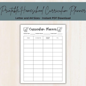 Puede incluir: Un documento planificador de currículo imprimible con el texto "Curriculum Planner" en la parte superior, campos para año escolar, nombre del estudiante y nivel, seguido de una tabla con columnas para materia, título, editorial y precio.