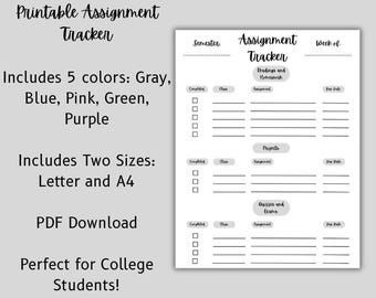 Printable Assignment Tracker: Student Planner, 5 Colors (PDF Download)