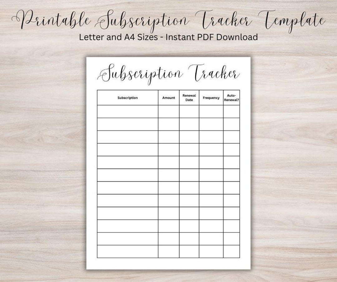 Printable Subscription Tracker Template (letter & A4 Sizes, PDF ...