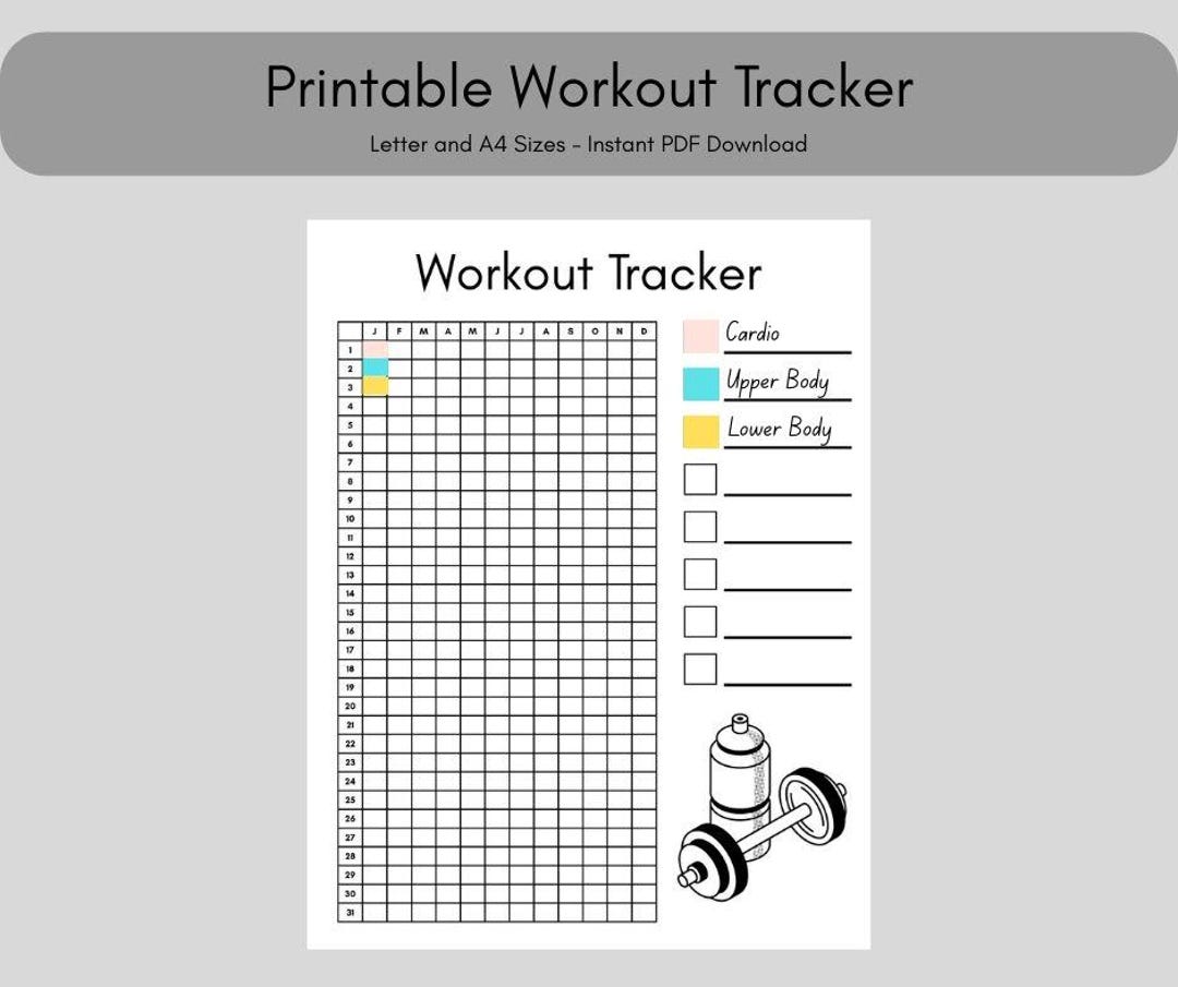Printable Workout Tracker: Yearly Exercise Log (letter & A4 Sizes, PDF ...