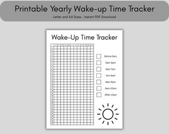 Planilha anual imprimível para controle do horário de despertar (tamanhos Carta e A4, download em PDF)