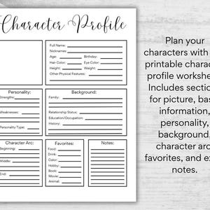 May include: A printable character profile worksheet with sections for full name, age, and physical features. Includes areas for personality, background, character arc, favorites, and notes. Text on the right says, "Plan your characters with this printable character profile worksheet!"